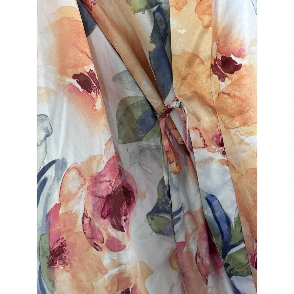 Linea Donatella Robe Womens S/M Watercolor Floral Satin Lace Trim Belted Kimono